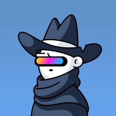 A cartoon illustration of a character dressed as a cowboy wearing a black hat and bandana, with a rainbow-colored visor over their eyes, on a blue background.