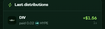 A cryptocurrency interface showing 'Last distributions' with DIV paying $1.56, paid 0.02 HYPE.