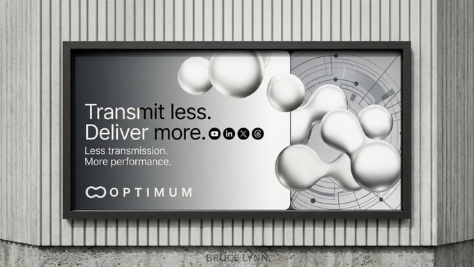 An advertisement for 'OPTIMUM' blockchain with the text 'Transmit less. Deliver more. Less transmission. More performance.' displayed on a billboard.