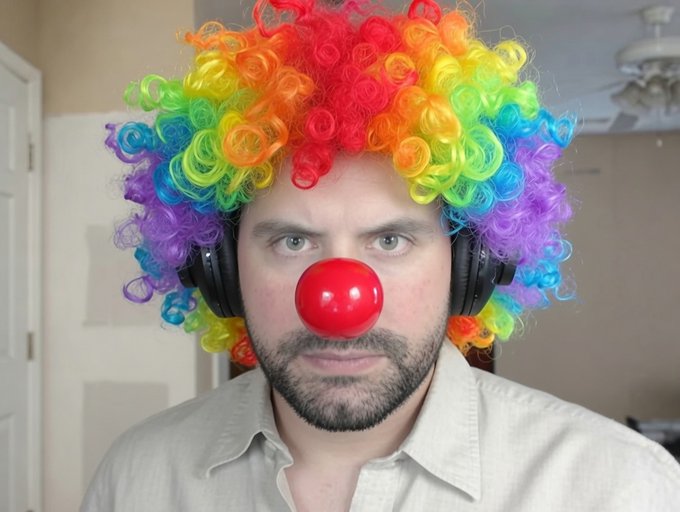 A close-up portrait of a bearded man wearing a rainbow-colored curly clown wig, black headphones, and a bright red clown nose.