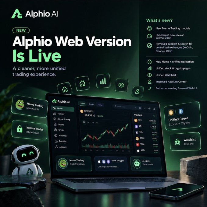 Alphio AI promotional graphic announcing the new 'Alphio Web Version' as live, featuring a laptop displaying crypto trading interface (BTC/USDT at 69,432.10), a small robot mascot, and listing new features like Meme Trading module, internal wallet, and unified pages.