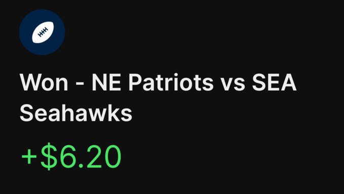 A dark digital notification card showing a won sports bet: 'Won - NE Patriots vs SEA Seahawks' with a profit of '+$6.20' in green text, accompanied by an American football icon.