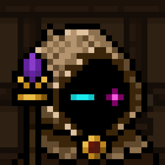 A pixel art image showing a dark shadowy figure with glowing cyan and magenta eyes, surrounded by skeletal bones.