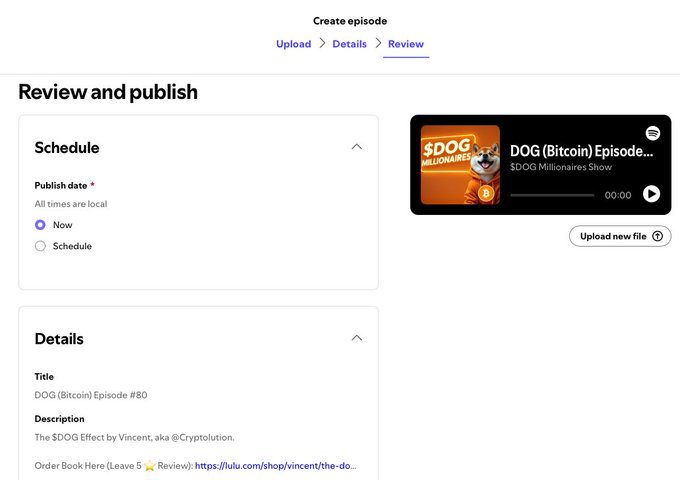 A YouTube-style 'Create episode' review and publish screen for 'DOG (Bitcoin) Episode #80' by $DOG Millionaires Show, with the description referencing '@Cryptolution' and a Lulu publishing link.