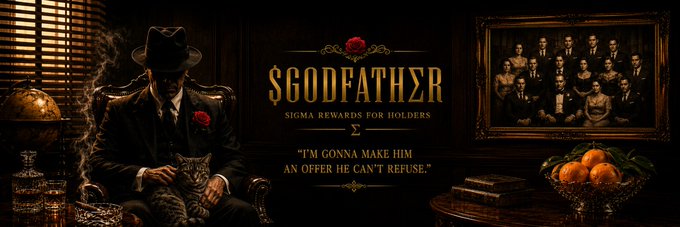 A banner image for the Solana token $GODFATHER features a man in a dark suit and fedora sitting with a cat, alongside a family portrait and the text "$GODFATHZR - SIGMA REWARDS FOR HOLDERS" and the quote "I'M GONNA MAKE HIM AN OFFER HE CAN'T REFUSE." The design embodies the post's reference to the Godfather meme culture that the token's branding embraces.