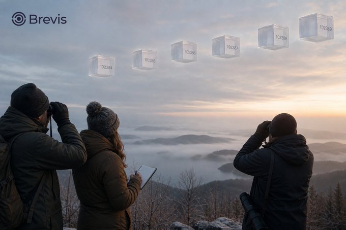 Three people in winter clothing standing on a foggy mountaintop looking through binoculars and a tablet at a row of floating transparent cubes numbered 102384-102389, with the "Brevis" logo in the top-left corner.