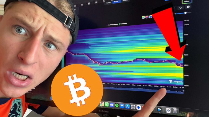 The image shows a man pointing at a tablet screen displaying a Bitcoin price chart with a downward trend (highlighted by a red arrow), alongside a Bitcoin logo graphic. The dramatic visual emphasizes why Bitcoin "dumped," as referenced in the post, directing viewers to a YouTube video for more details.