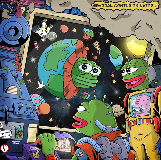 A colorful cartoon illustration titled 'SEVERAL CENTURIES LATER...' showing green alien characters in a spaceship cockpit looking at a broken Earth in space.