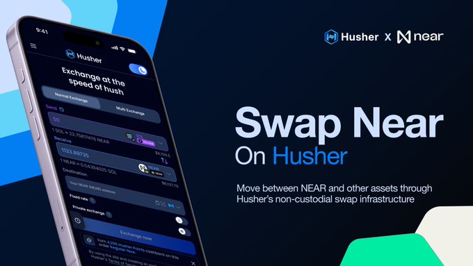 Promotional graphic for Husher x NEAR, advertising 'Swap Near On Husher' with text: 'Exchange at the speed of hush. Move between NEAR and other assets through Husher's non-custodial swap infrastructure,' featuring a phone mockup showing a swap interface.