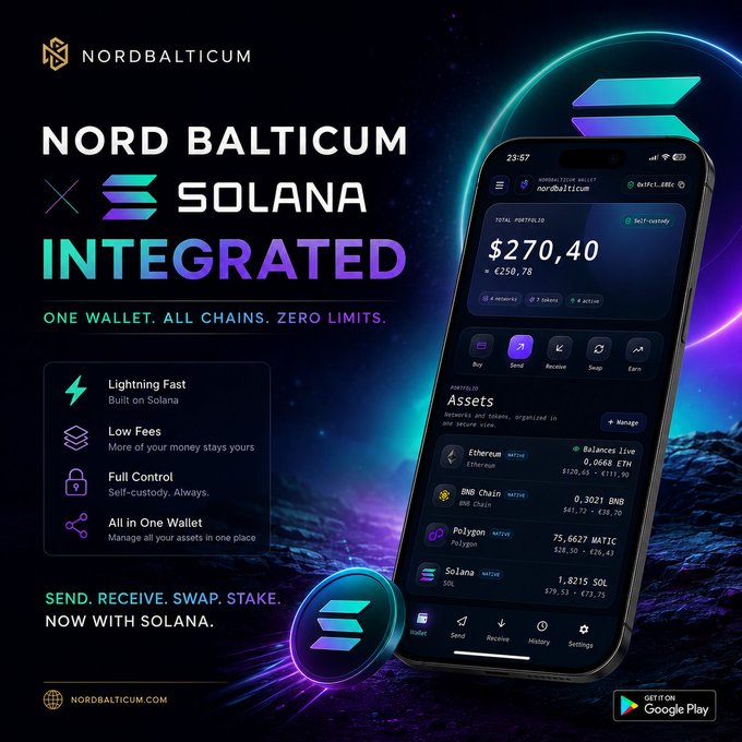 A promotional poster for 'NORDBALTICUM' announcing 'INTEGRATED × SOLANA' with the tagline 'ONE WALLET. ALL CHAINS. ZERO LIMITS.', showing a smartphone interface displaying crypto balances including $270.40, Ethereum, BNB Chain, Polygon, and Solana assets.