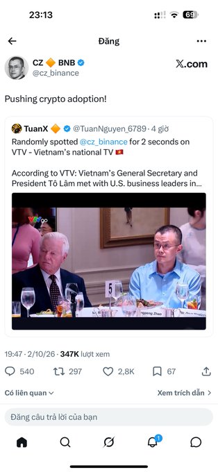 A screenshot of an X.com post by CZ 🔶 BNB (@cz_binance) captioned 'Pushing crypto adoption!' featuring a retweet from @TuanNguyen_6789 noting that CZ appeared on VTV-Vietnam's national TV during a meeting with General Secretary and President Tô Lâm and U.S. business leaders.