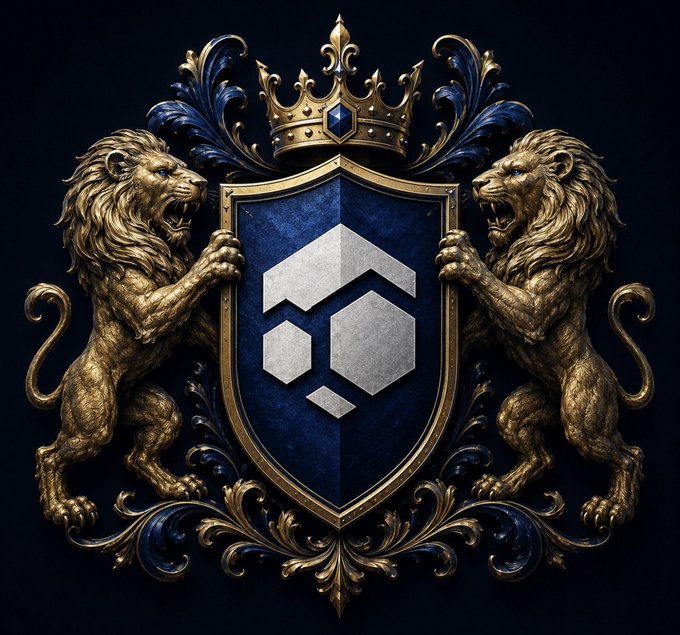 The image features two lions standing next to each other with their paws raised above their heads, holding a shield that has a hexagon shape at its center. The shield is adorned with a blue and gold design, giving it an elegant appearance. The background of the image is black, which contrasts with the golden color of the lions' bodies. In the bottom right corner of the image, there's text that reads "Legacies aren't inherited. They're built—one block, one node, one believer at a time." This message seems to be related to the concept of cryptocurrency and blockchain technology, as it references the Flux Family and their involvement in the crypto world.