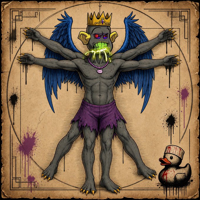The illustration riffs on Leonardo’s Vitruvian Man, showing a grey, multi‑armed, winged monster with a crown, purple shorts and green ooze, while a blood‑splattered duck in a nurse’s hat sits in the corner; it promotes “The Vitruvian Ooz” and invites viewers to “mint your own OozGang” at mint.oozgang.xyz/NURSEDUCKWORTH.