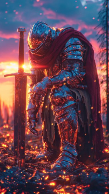 A dramatic digital illustration of a medieval knight in armor with glowing red and blue hues, kneeling while planting a sword into the ground amidst embers and flames.