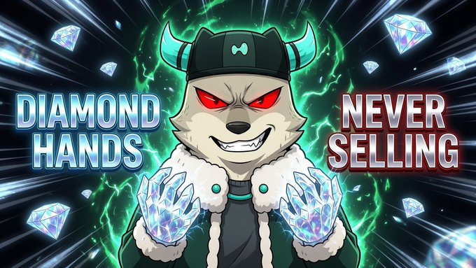 A digital illustration of a furry character wearing a horned helmet and green jacket with diamond-encrusted gloves, flanked by the text 'DIAMOND HANDS' on the left and 'NEVER SELLING' on the right.