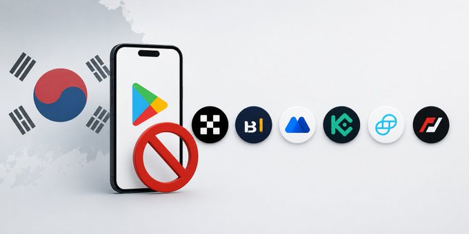 A smartphone displays the Google Play Store logo with a red prohibition symbol, positioned against a South Korean flag backdrop, while circular icons of banned crypto exchanges (including OKX, Bybit, MEXC, KuCoin, and others) are lined up beside it.