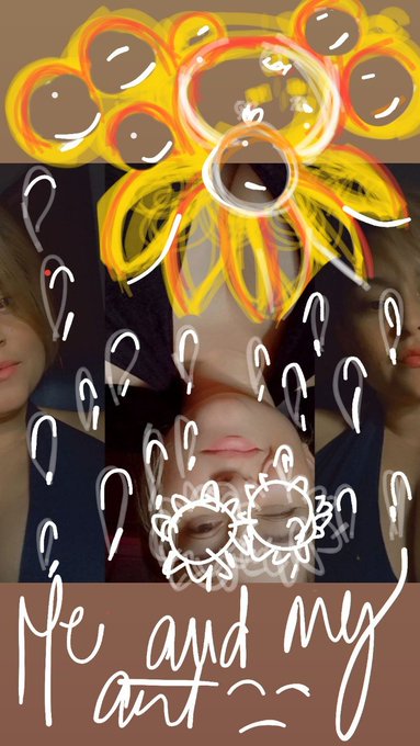 The image features a collage of three photos with a person's face prominently displayed at the center. The background of each photo has a yellow flower design, creating an artistic and visually appealing composition. Below the images, there is text that reads "Me and my art". This phrase connects the person in the middle photo to their own artwork, emphasizing the theme of self-expression through creativity.