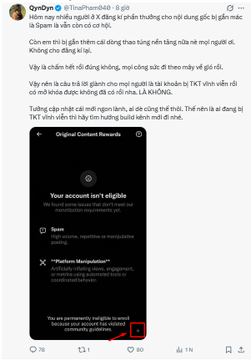 The image shows a Twitter post from @TinaPham048 with an attached screenshot displaying a "Your account isn't eligible" message regarding platform manipulation and spam violations. The screenshot features the Gemini AI logo prominently in the top left corner, suggesting the post was generated using Google's Gemini AI tool.