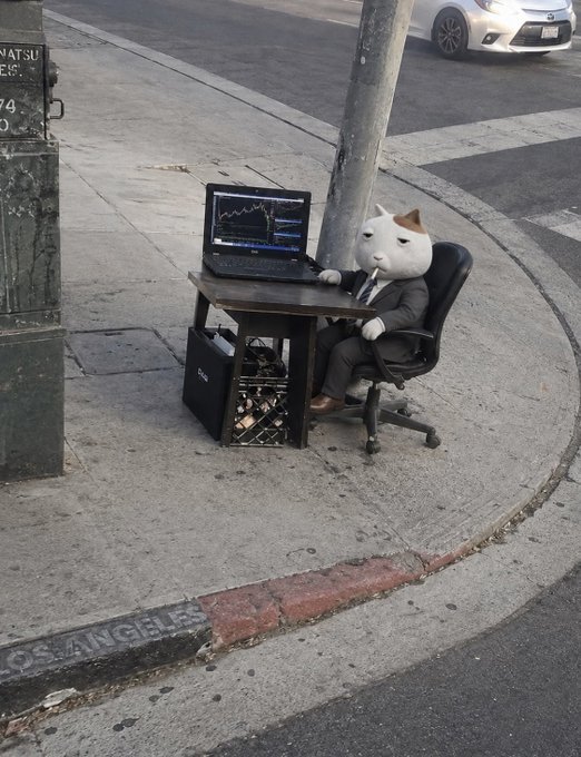 Whimsical scene of a person wearing a cat mask and business suit sitting at a desk with a laptop displaying a stock chart and a desktop computer tower, set up on a city street corner.