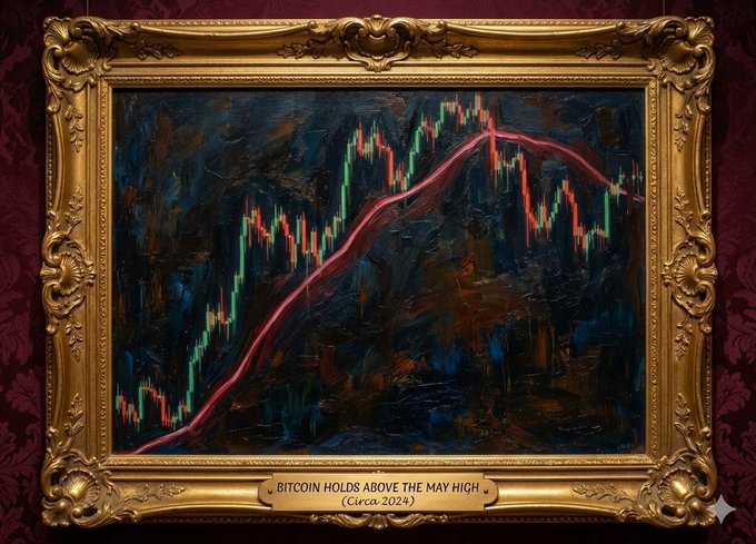 An ornate gold-framed painting depicts a candlestick chart overlaid with a thick red upward-curving trendline, labeled "BITCOIN HOLDS ABOVE THE MAY HIGH (Circa. 2024)," visually reinforcing the post's bullish conviction that Bitcoin remains in an uptrend despite surrounding macro fears.