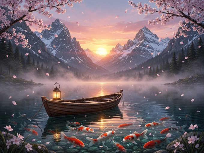 A serene digital artwork depicting a wooden boat with a glowing lantern floating on a misty mountain lake at sunset, with cherry blossom petals falling and koi fish swimming beneath the clear water.