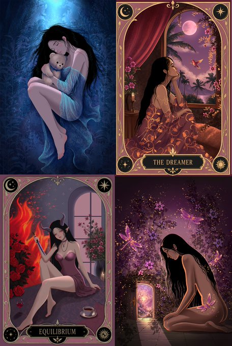 The image features four different illustrations depicting women, each with a unique style and theme. They are all part of a collection showcasing various artistic styles and subjects. The woman depicted in the first illustration has long hair and is shown holding a baby. In the second illustration, she is wearing a blue dress and appears to be sitting on a chair or couch. The third illustration features her with long hair as well, but this time she is standing up. Lastly, the fourth illustration shows her sitting down while looking at something in front of her. These illustrations are part of a larger collection that includes various artworks related to the theme "GM".