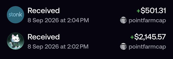 Two transaction receipt notifications on a dark background showing received amounts of +$501.31 and +$2,145.57 from 'pointfarmcap' on 8 Sep 2026.