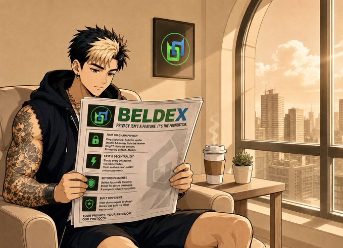 An anime-style illustration of a tattooed character reading a newspaper about BELDEX cryptocurrency, highlighting its privacy features, fast decentralized transactions, and beyond payments.