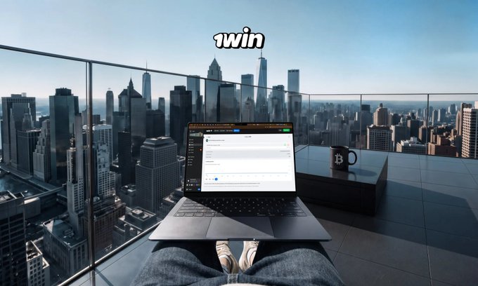 A laptop displaying a trading interface sits on a rooftop terrace overlooking a city skyline, with the "1win" logo floating above and a branded mug nearby, visually tying the crypto prediction market launch to a professional trading atmosphere.