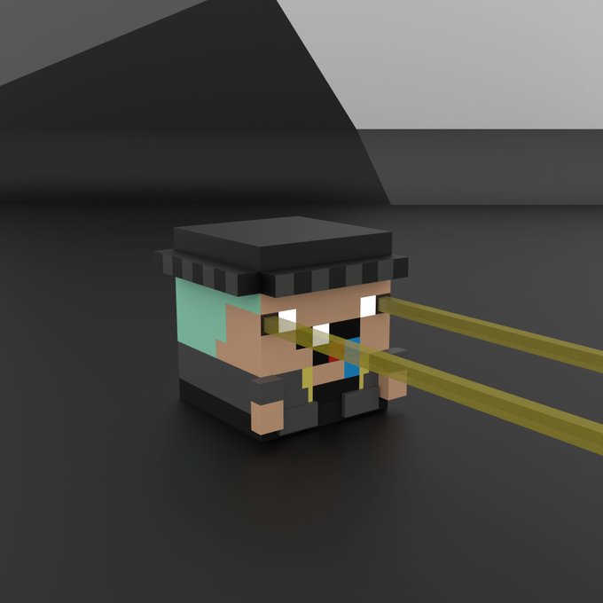 A voxel-style 3D character resembling a CryptoPunk NFT with a black cap and teal hair shoots yellow laser beams from its eyes against a dark minimalist background. The image playfully reinforces the "gm to those who love NFTs" greeting by showcasing a stylized, blocky NFT-inspired figure in an animated action pose.