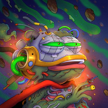 A colorful digital artwork of a stylized, grotesque frog-like alien head with a metallic helmet and glowing green tubes, floating against a vibrant cosmic background.