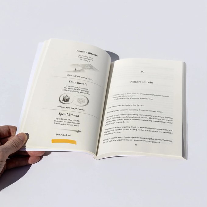 A hand holds open a book displaying a chapter titled 'Acquire Bitcoin,' with text about acquiring, storing, and spending Bitcoin and illustrations of a wallet and coins.