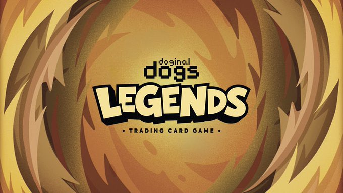 A graphic for the 'doginals dogs LEGENDS TRADING CARD GAME' featuring a stylized logo over a swirling brown and yellow background.