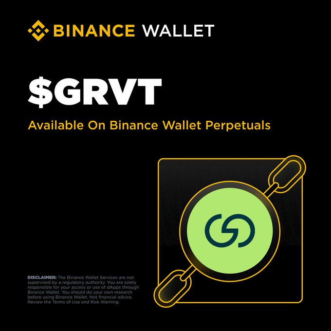 Binance Wallet promotional graphic announcing that $GRVT is now available on Binance Wallet Perpetuals, featuring a green circular GRVT logo with chain-link accents on a black background, alongside a disclaimer about the unregulated status of the services. The image visually reinforces the post's announcement by prominently displaying the $GRVT ticker and Binance Wallet branding to highlight the new perpetual trading listing.