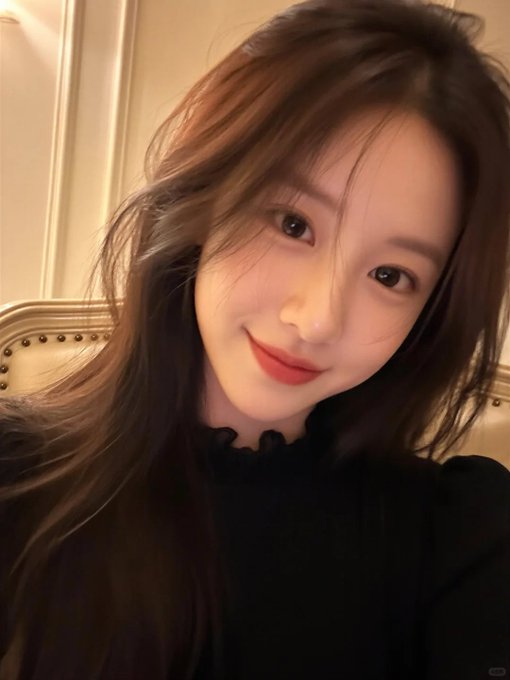 A selfie of a young woman with long brown hair, wearing a black ruffled top, smiling softly at the camera.