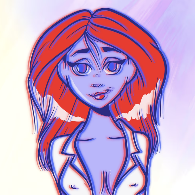 A stylized digital drawing of a blue-skinned woman with red hair, rendered with an optical illusion blue and orange color effect against a light purple background.