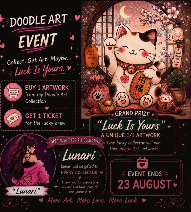 A promotional graphic for a 'DOODLE ART EVENT' featuring a lucky cat illustration, with details including 'BUY 1 ARTWORK from my Doodle Art Collection,' 'GET 1 TICKET for the lucky draw,' and 'EVENT ENDS 23 AUGUST,' alongside a 'Lunari' special gift mention.