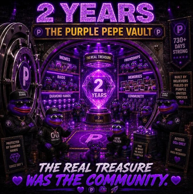 The image features a purple pepe vault with a group of purple peeps inside, including a large purple diamond that has been added as an element of the vault's design. The text "2 years ago today" suggests that this unique vault was created 2 years ago and is still functioning today. The post also mentions that the real treasure in this vault is not gold or jewels but rather the community it has built around it, which includes a diverse group of people who have come together to support and learn from each other.