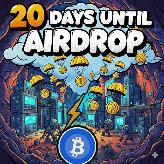 A colorful cartoon-style image with text '20 DAYS UNTIL AIRDROP' showing parachuting Bitcoin coins, robots, and a Bitcoin logo, suggesting an upcoming crypto airdrop event.