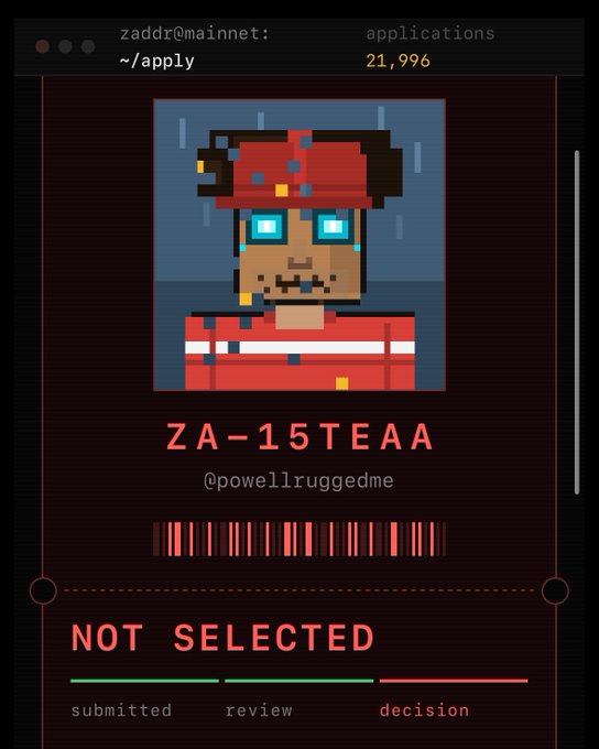 A pixel art character profile shows a figure in a red hat and shirt with text 'ZA-15TEAA', '@powellruggedme', and a status of 'NOT SELECTED'.