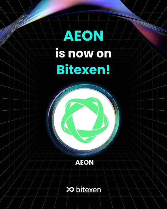 Promotional graphic announcing 'AEON is now on Bitexen!' with the AEON token logo centered against a dark grid background.