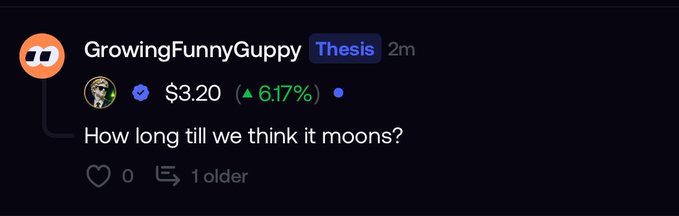 A Discord message from "GrowingFunnyGuppy" shows a $3.20 (▲6.17%) investment in the **Thesis** token, asking "How long till we think it moons?"