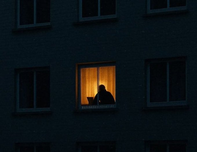 A person works on a laptop, silhouetted in a warmly lit window of a dark apartment building at night, with 'BUSINESSMINDSETIST' visible on the window.