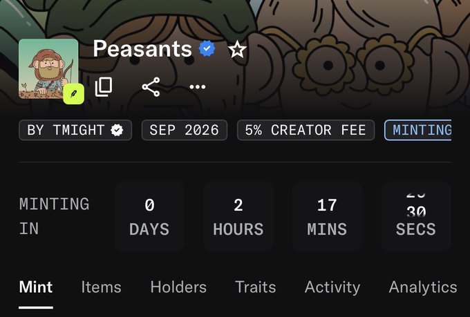 NFT minting page for a collection called 'Peasants' by Tmight, showing a countdown of 0 days, 2 hours, 17 minutes, and 30 seconds with a 5% creator fee.
