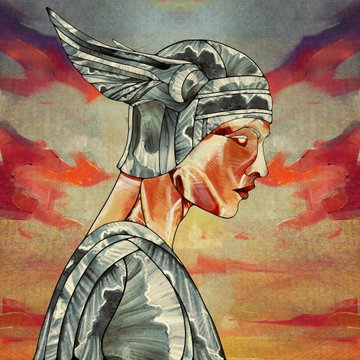 A digital illustration of a woman in profile wearing a silver winged helmet, set against a dramatic cloudy sky with red and orange hues.