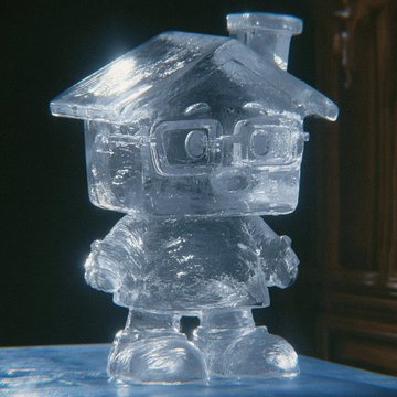 A translucent ice sculpture of a stylized house-headed cartoon character, with a small chimney on top and rounded body, stands on a blue surface. The icy figure represents one of the "lil chillers" NFT collectibles mentioned in the post, fitting the "Chillhouse" theme being promoted.