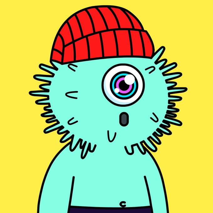 A cartoon illustration of a turquoise one-eyed furry monster wearing a red beanie against a yellow background.
