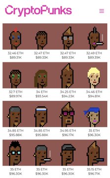 CryptoPunks NFT marketplace page displaying a grid of pixel-art punk characters with ETH prices and USD values ranging from $89.31K to $97.97K.