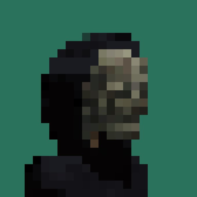 A heavily pixelated portrait of a hooded figure against a green background, with the face obscured by blocky pixelation.