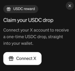 This image shows a prompt to "Claim your USDC drop" by connecting your "X account" to receive a "USDC reward." This directly relates to the post encouraging users to claim free money through Moonpay's AI trading tool, PayBox, by connecting their accounts.